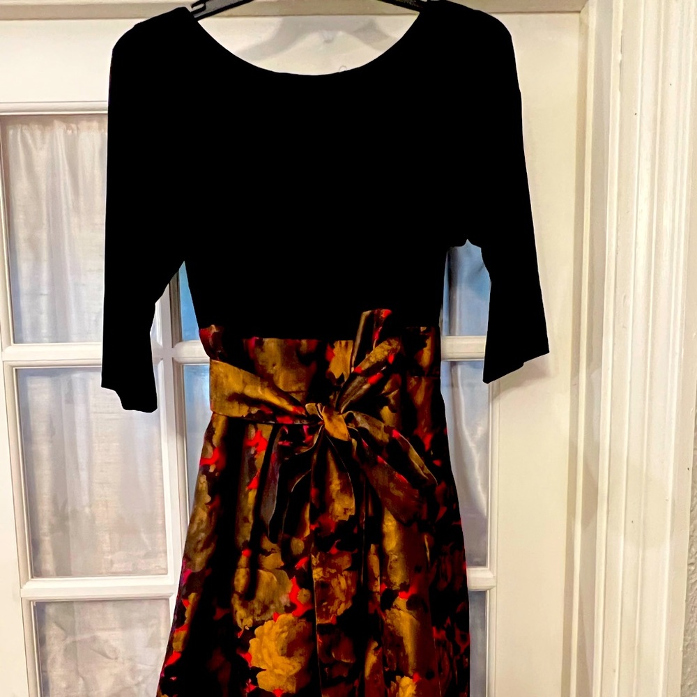 A-line circle skirt semi-formal with rich gold floral detail